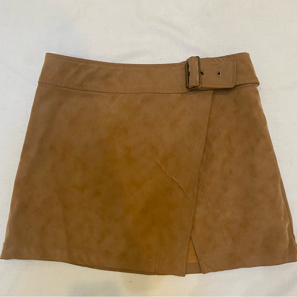 Free People Ari Wrap Skirt Camel Brown Faux Suede Front Slit Buckle Boho Chic 12